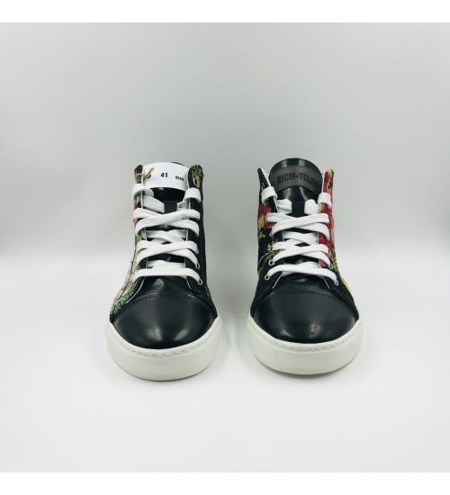 Handmade shoes Black Gobelin with Flowers and Green blank Leather